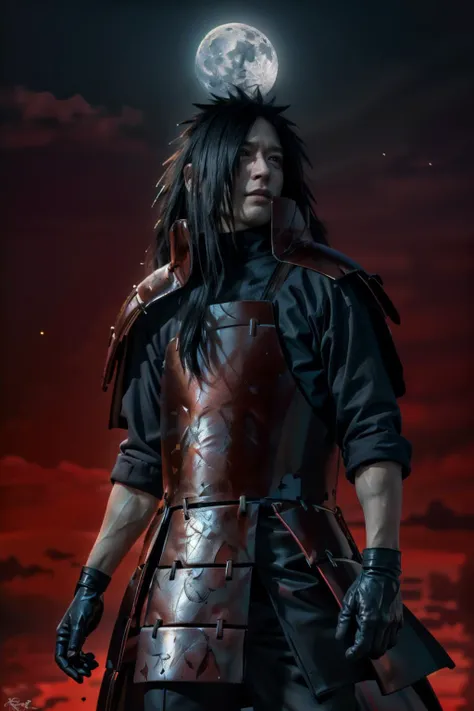 (masterpiece, best quality:1.2), red background, cowboy shot, solo, male focus, 1boy, uchiha madara, expressionless, looking at viewer, crossed arms, long hair, hair over one eye, japanese armor, black gloves, moon as background, dark light, desolated, vilain <lora:naruto_uchihamadara:1> <lora:more_details:0.5>