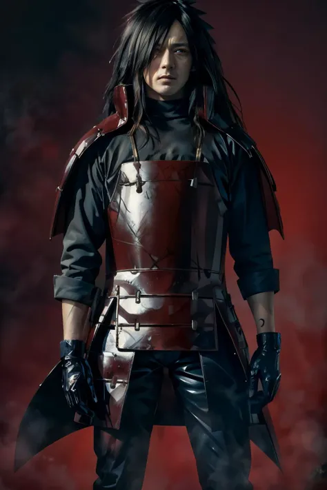 (masterpiece, best quality:1.2), red background, cowboy shot, solo, male focus, 1boy, uchiha madara, expressionless, looking at viewer, open arms, fighting stance, long hair, hair over one eye, japanese armor, black gloves, japanese castle as background, dark light, desolated, vilain <lora:naruto_uchihamadara:1> <lora:more_details:0.5>