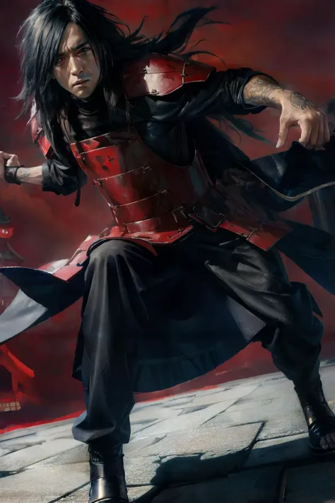 (masterpiece, best quality:1.2), red background, cowboy shot, solo, male focus, 1boy, uchiha madara, expressionless, looking at viewer, open arms, fighting stance, long hair, hair over one eye, japanese armor, black gloves, japanese castle as background, dark light, desolated, vilain <lora:naruto_uchihamadara:1> <lora:more_details:0.5>