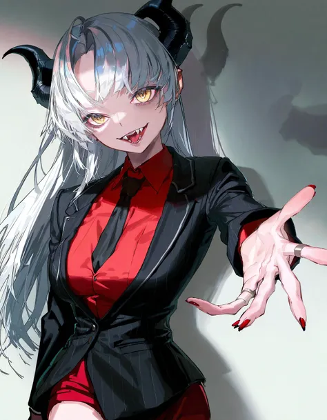 amazing quality, masterpiece, best quality, absurdres, beautiful, detailed shadow, aesthetic, 1girl, solo, red shirt, black suit, collared shirt, black necktie, black horns, demon horns, white hair, yellow eyes, long hair, sidelocks, white background, looking at viewer, <lora:Rolua:1>, fangs, open mouth, breasts, fingernails, bangs, smile, reaching_out