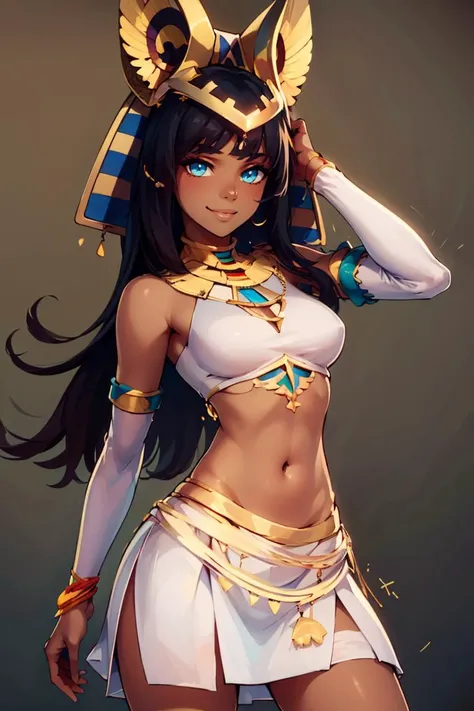 ((masterpiece,best quality)), absurdres, <lora:Ramesses_v1_Anime:0.8>, ramesses_ii,  (dark skin:1), solo, smiling, jewelry, gold, 
hip to the side, white miniskirt, contrapposto, hip to the side, hand on hip, 
looking at viewer, cowboy shot,