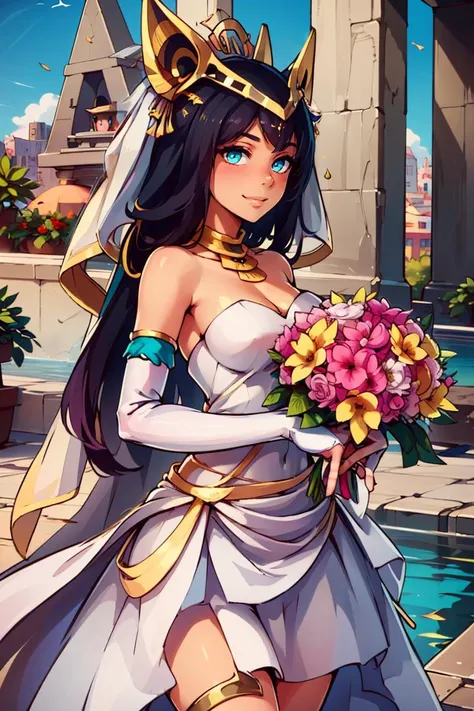 ((masterpiece,best quality)), absurdres, <lora:Ramesses_v1_Anime:0.8>, ramesses_ii, dark skin, solo, smiling, jewelry, gold,
( bride, wedding dress, strapless dress, elbow gloves, holding bouquet:1.1),
pyramid, pool, oasis, gold theme,
looking at viewer, cowboy shot, bride, wedding dress, bridal veil, strapless dress, elbow gloves, holding bouquet,