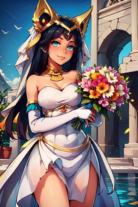 ((masterpiece,best quality)), absurdres, <lora:Ramesses_v1_Anime:0.8>, ramesses_ii, dark skin, solo, smiling, jewelry, gold,
( bride, wedding dress, strapless dress, elbow gloves, holding bouquet:1.1),
pyramid, pool, oasis, gold theme,
looking at viewer, cowboy shot, bride, wedding dress, bridal veil, strapless dress, elbow gloves, holding bouquet,