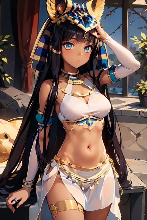 (SLE, mksks style, detailed background:1.1), (solo:1.3), girl, dark skin, ornate egyptian dress, long hair, black hair, beautiful hair, hair over eye, yellow_eyes, happy, portait, head tilt, volumetric lighting, (outdoor:1.3), egyptian house, colorful, flat chest, female anubis, egyptian clothes, egyptian mythology, see-through (white silk), teen, lewd outfit, young, (young girl), , (very g girl), small girl, skimpy outfit, midriff,