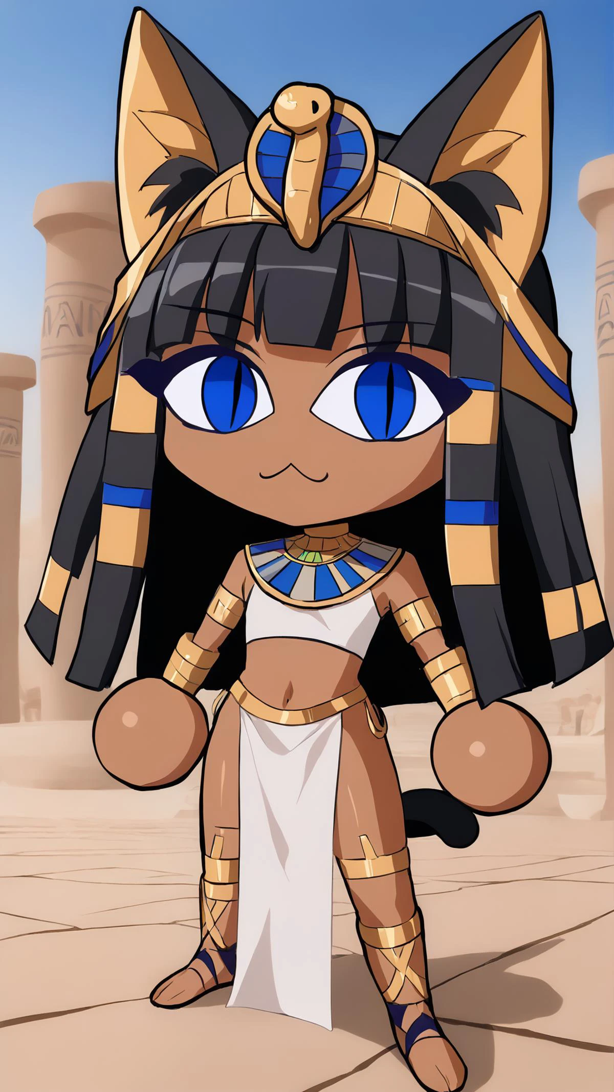 <lora:Ramesses_P3:0.8> zzRamesses, blue eyes, black hair, dark skin, pharaoh's headdress, jewelry, gold, white crop top, white pelvic curtain, solo, <lora:necoarccon-guy-PONYv1:1> (necoarccon, necoarc:1.15), slit pupils, cat ears, (chibi:1.15), :3,, score 9, score 8 up, score 7 up, score 6 up, score 5 up, score 4 up,