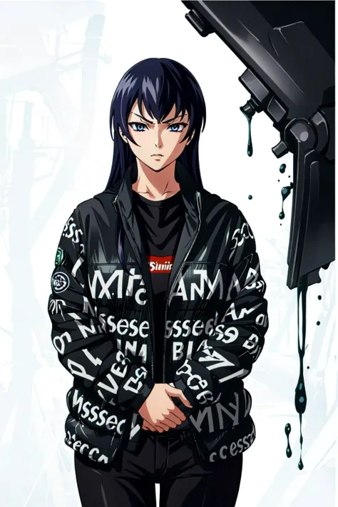 drip jacket,white background, shirt, closed mouth, open clothes, black pants, pants, 1girl, black shirt, looking at viewer, open jacket, solo, own hands together, (masterpiece:1.4), (best quality:1.4), realistic, 1girl, front view, serious, <lora:attire_dripmeme-10:0.8>,
saekob , <lora:saeko-lora:0.6>