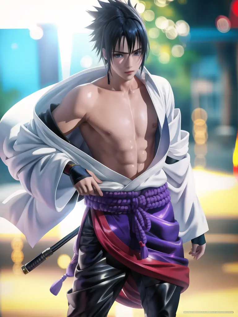 1boy, Sasuke, a man with a sword in his hand, purple skirt, wearing SSK_outfit, posing for a picture, left shoulder exposed, abs, tattoo, <lora:sasuke:0.8> , dynamic pose, (masterpiece:1.4),(best quality:1.4),(shiny skin),realistic, east asian architecture background, looking at viewer, masterpiece, highly detailed, 8K, stunning, hdr, subsurface scattering, global illumination, cinematic lighting, sunlight, realism, hyperrealistic , best quality, highres, (RAW photo:1.2), (photorealistic:1.2),(masterpiece:1.4), illustration, artstation, Alembert Oclusion, SSAO, Bokeh, Cinematic, Depth of Field, DOF, Vignette, Anti-Aliasing <lora:sakimichanStyle_v15Fix:0.8>, art by sakimichan , (sakimi-style:0.7), (nixeu_soft:0.2)