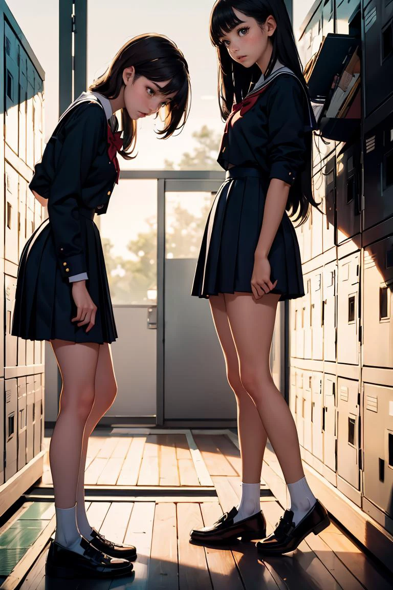 (masterpiece, best quality), <lora:school_lockers_v0.5:1> lockers, 2girls, school uniform, changing shoes, size difference, golden hour,