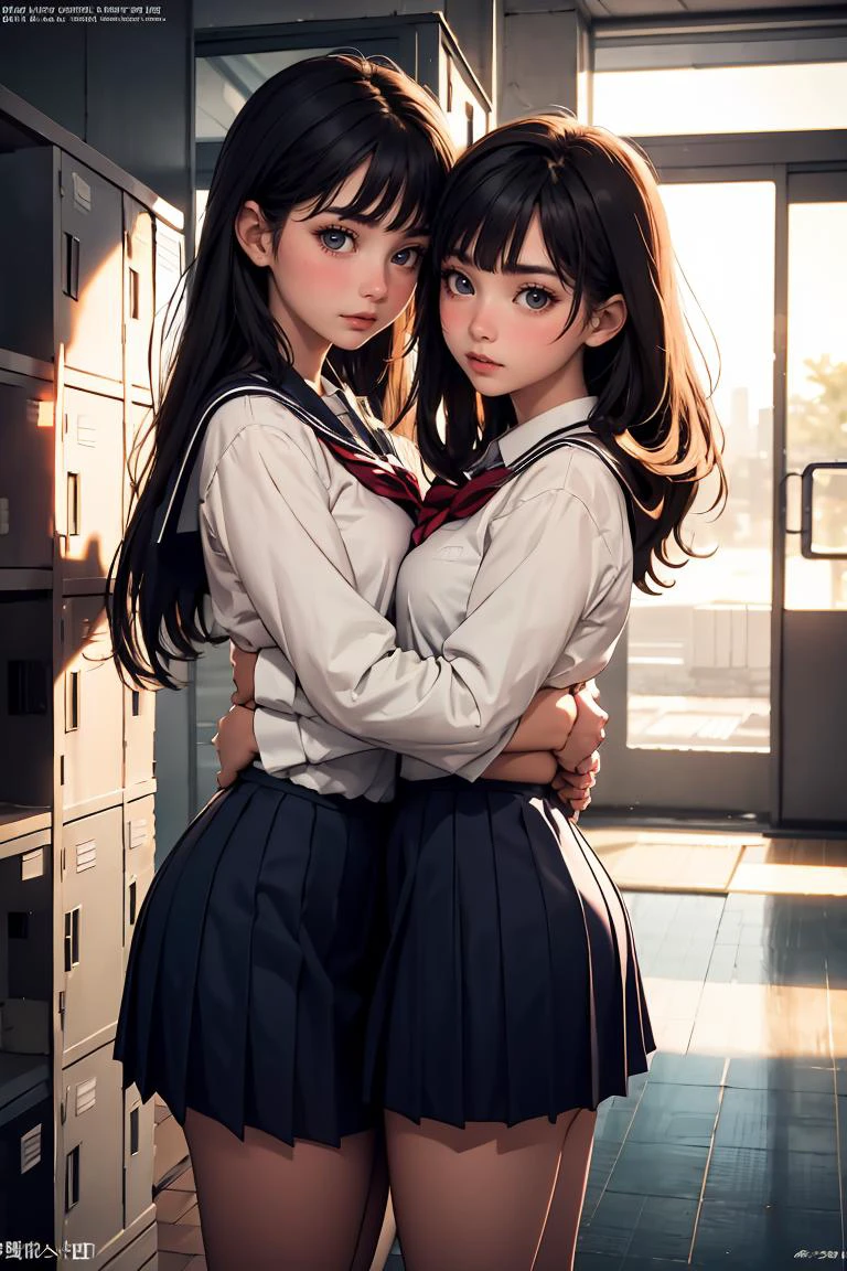 (masterpiece, best quality), <lora:school_lockers_v0.5:1> lockers, 2girls, school uniform, hug, size difference, evening light,
