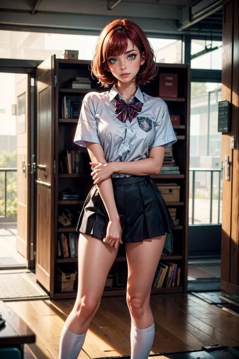 (masterpiece, best quality, highres, high resolution:1.2), extremely detailed, realistic, intricate details, 1girl, solo, mature female, full body, red hair, green eyes, short hair, bangs, lockers, school uniform, white shirt, shirt tug
<lora:add_detail:1><lora:school_lockers_v0.5:0.8><lora:shirt_tug:0.85>