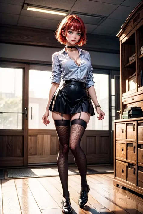(masterpiece, best quality, highres, high resolution:1.2), extremely detailed, realistic, intricate details, 1girl, solo, mature female, full body, red hair, green eyes, short hair, bangs, choker, large breasts, thick thighs, collarbone, black fishnet stockings, lockers, school uniform, white shirt, black skirt, hands behind,
<lora:add_detail:1> <lora:school_lockers_v0.5:0.8>