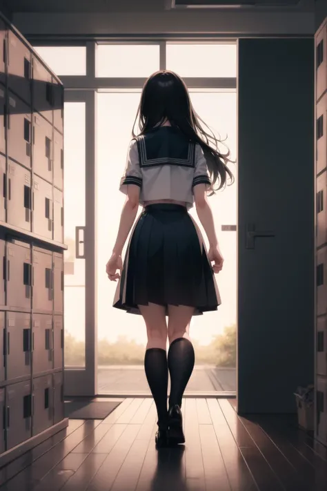 <lora:school_lockers_v0.5:1>
1girl, lockers, school uniform, blue sailor collar, walking away,, masterpiece, best quality, highly detailed