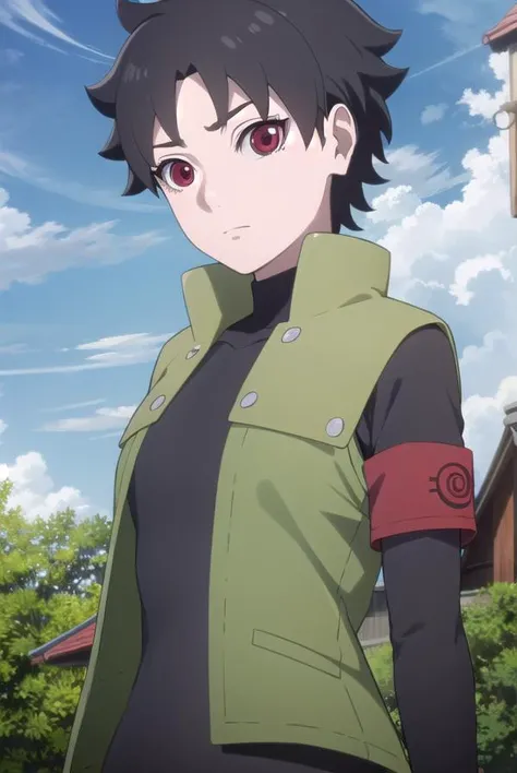 miraisarutobi, <lora:mirai sarutobi-lora-nochekaiser:1>,
mirai sarutobi noheadband, black hair, (red eyes:1.3), short hair,
BREAK vest, armband, green vest, shirt, black shirt, turtleneck, long sleeves,
BREAK outdoors, forest, nature, sun, sky, clouds,
BREAK looking at viewer,
BREAK <lyco:GoodHands-beta2:1>, (masterpiece:1.2), best quality, high resolution, unity 8k wallpaper, (illustration:0.8), (beautiful detailed eyes:1.6), extremely detailed face, perfect lighting, extremely detailed CG, (perfect hands, perfect anatomy),