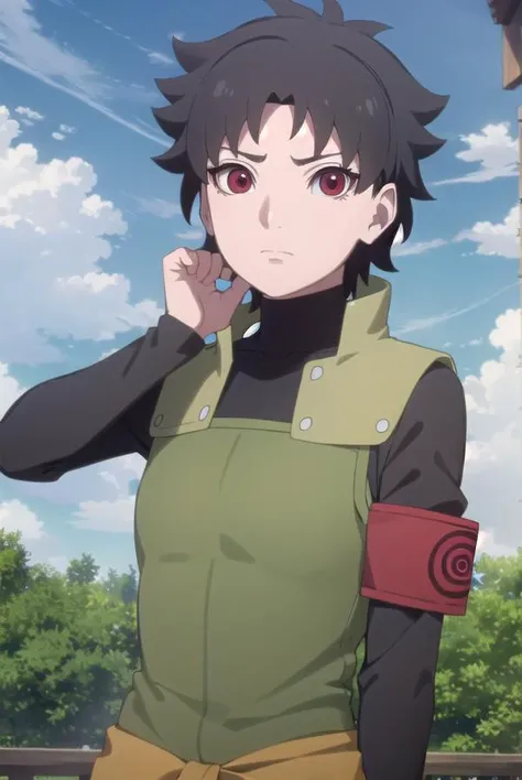 miraisarutobi, <lora:mirai sarutobi-lora-nochekaiser:1>,
mirai sarutobi noheadband, black hair, (red eyes:1.3), short hair,
BREAK vest, armband, green vest, shirt, black shirt, turtleneck, long sleeves,
BREAK outdoors, forest, nature, sun, sky, clouds,
BREAK looking at viewer,
BREAK <lyco:GoodHands-beta2:1>, (masterpiece:1.2), best quality, high resolution, unity 8k wallpaper, (illustration:0.8), (beautiful detailed eyes:1.6), extremely detailed face, perfect lighting, extremely detailed CG, (perfect hands, perfect anatomy),