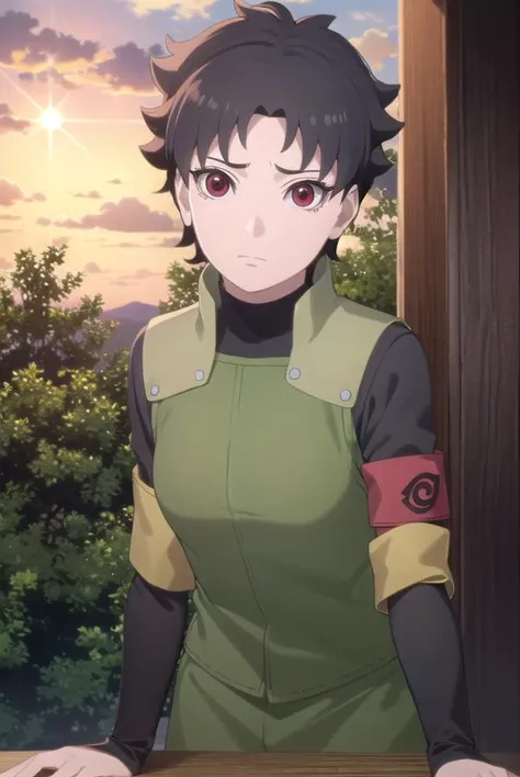 miraisarutobi, <lora:mirai sarutobi-lora-nochekaiser:1>,
mirai sarutobi noheadband, black hair, (red eyes:1.3), short hair,
BREAK vest, armband, green vest, shirt, black shirt, turtleneck, long sleeves,
BREAK outdoors, forest, nature, sun, sky, clouds,
BREAK looking at viewer,
BREAK <lyco:GoodHands-beta2:1>, (masterpiece:1.2), best quality, high resolution, unity 8k wallpaper, (illustration:0.8), (beautiful detailed eyes:1.6), extremely detailed face, perfect lighting, extremely detailed CG, (perfect hands, perfect anatomy),