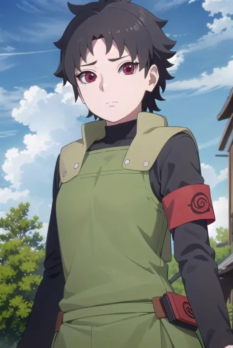 miraisarutobi, <lora:mirai sarutobi-lora-nochekaiser:1>,
mirai sarutobi noheadband, black hair, (red eyes:1.3), short hair,
BREAK vest, armband, green vest, shirt, black shirt, turtleneck, long sleeves,
BREAK outdoors, forest, nature, sun, sky, clouds,
BREAK looking at viewer,
BREAK <lyco:GoodHands-beta2:1>, (masterpiece:1.2), best quality, high resolution, unity 8k wallpaper, (illustration:0.8), (beautiful detailed eyes:1.6), extremely detailed face, perfect lighting, extremely detailed CG, (perfect hands, perfect anatomy),