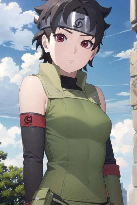 miraisarutobi, <lora:mirai sarutobi-lora-nochekaiser:1>,
mirai sarutobi headband, black hair, (red eyes:1.3), short hair,
BREAK long sleeves, vest, armband, forehead protector, konohagakure symbol,
BREAK outdoors, forest, nature, sun, sky, clouds,
BREAK looking at viewer,
BREAK <lyco:GoodHands-beta2:1>, (masterpiece:1.2), best quality, high resolution, unity 8k wallpaper, (illustration:0.8), (beautiful detailed eyes:1.6), extremely detailed face, perfect lighting, extremely detailed CG, (perfect hands, perfect anatomy),
