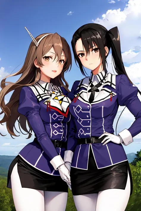 2girls, outdoors, BREAK
<lora:AshigaraKancolle_V10:1>, ashigara \(kancolle\), military uniform, white hairband, purple jacket, neckerchief, white gloves, black belt, black skirt, miniskirt, pencil skirt, white pantyhose, BREAK
<lora:NachiKancolleV2:1>, nachi \(kancolle\), military uniform, purple jacket, collared shirt, white shirt, black necktie, white gloves, black belt, black skirt, miniskirt, pencil skirt, white pantyhose,