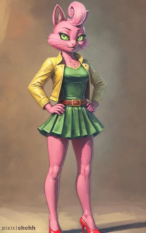 ((Best quality, masterpiece, ultra high resolution)),((full body)),standing,hands on hips, (by pixelsketcher), <lora:LoraPrincesscarolynBY_princesscarolyn:1>,princesscarolyn,green dress, red heels,belt,pink fur,yellow jacket
