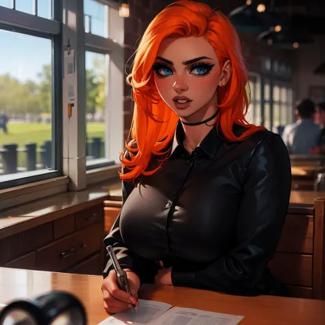 Best_QualityPos, RAW photo, intricate details, best quality, 8k uhd, soft lighting, 1girl, solo, gigi dolin, blue eyes, long hair, orange hair, black collared shirt <lora:Gigi_Dolin:0.7>  <lora:exposure_control_v10:-0.45>