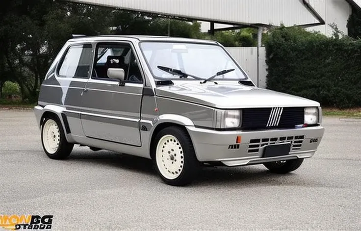 a silver fiat, camber, lowered, watanabe wheels, rally car, hood scoop, front view