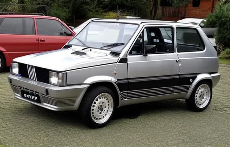 a silver fiat, camber, lowered, watanabe wheels, rally car, hood scoop, front view