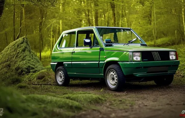 a green fiat, camber, lowered, alloy wheels, in a forest, front view