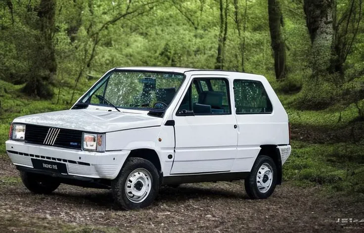a white fiat in a forest, high quality, 8k, HDR, award winning photo