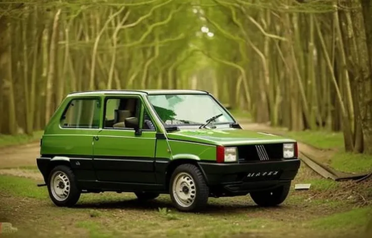 a green fiat, camber, lowered, alloy wheels, in a forest, front view