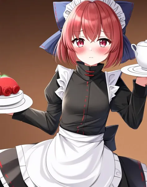 masterpiece, best quality, (sekibanki), <lora:sekibanki-000010:0.6>, (maid outfit), (blush), (plate holding)