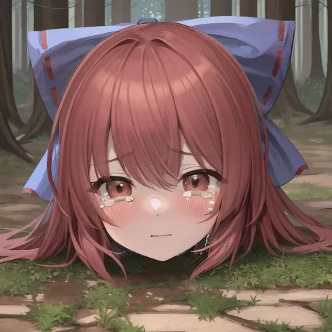 masterpiece, best quality, (sekibanki), <lora:sekibanki-000010:0.5>, (disembodied head), (head), (tears), (forest), (head on floor)