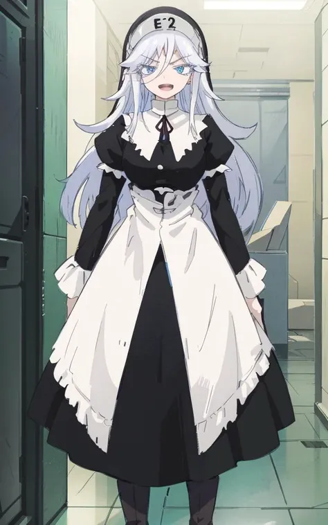 sisry, a woman, blue eyes, gray eyebrows, long white hair and eyelashes, a long-sleeved black nun's habit with "E2" on the headpiece, knee-length brown boots, mechanical seam across forehead, open mouth, standing in a room, 8k, Unreal Engine 5, octane render, by kyun, gamang, Yoon Gon-Ji, g.ho, gosonjak, shuroop, serious, domi, noah, trending on pixiv, fanbox, skeb, masterpiece, smooth soft skin, big dreamy eyes, beautiful intricate colored hair, symmetrical, anime wide eyes, soft lighting, concept art, digital painting,  <lora:sisry:0.7>