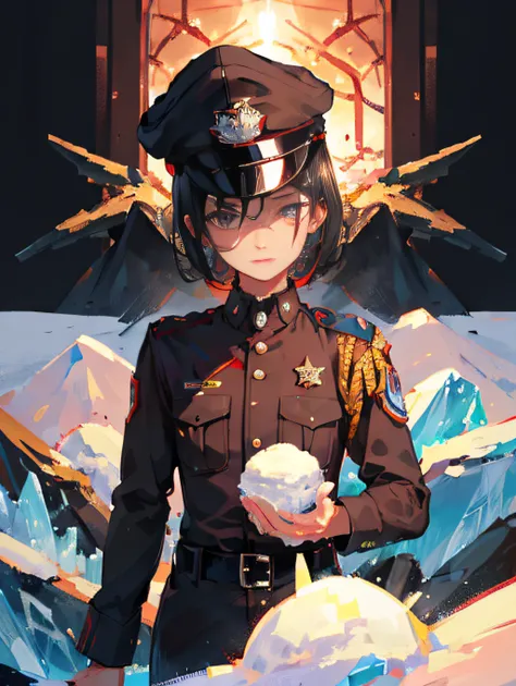 1man in uniform,Set up a checkpoint, Best quality, masterpiece, ultra high res, black hair, shiny skin, dramatic lighting ,hat ,war background,solo, double eyelid, A Song of Ice and Fire , background snow, <lora:Thai_police_uniform:0.8>