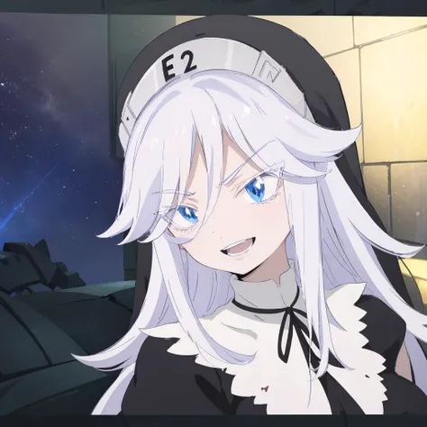 sisry, close up a woman, blue eyes, gray eyebrows, long white hair and eyelashes, a long-sleeved black nun's habit with "E2" on the headpiece, knee-length brown boots, mechanical seam across forehead, smiling open mouth, 8k, Unreal Engine 5, octane render, by kyun, gamang, Yoon Gon-Ji, g.ho, gosonjak, shuroop, serious, domi, noah, trending on pixiv, fanbox, skeb, masterpiece, smooth soft skin, big dreamy eyes, beautiful intricate colored hair, symmetrical, anime wide eyes, soft lighting, concept art, digital painting, <lora:sisry:0.7>