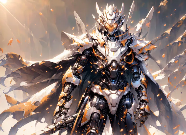 cgmech,
solo, white mecha robot, cape, science fiction, torn clothes, glowing, standing, robot joints, mecha, armor, cowboy shot, (floating cape), intense sunlight, blurry, depth of field, radiosity, dragonborn
, ((masterpiece, best quality)), <lora:cgmechmix_offset:1><lora:more_details:0.3> <lora:Niji:0.5> <lora:dragonborn_offset:0.9>