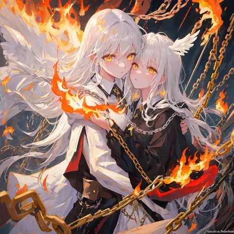 masterpiece、top-quality、ultra-detailliert、illustratio、gros-plan、Straight、女の子 1 人、独奏、white hair、Heterochromia eyes、angelicales、chains、masterpiece、Fantasy background、Flames and storms