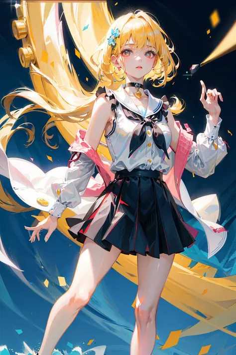 Imagine a character, full body, standing, spread leggs, sugestive invitation, 1girl, mature woman, very long hair, curly blonde hair, small breast, hanging breasts, short blouse, stomach, breast cut, breast Window, mini skirt, pelvic curtain pantys, whitemicro pantys, thigh pantys, thigh highs stockings, hells shoes, revealing clothing, upskirt, white background, nfsw, genshin impact style.