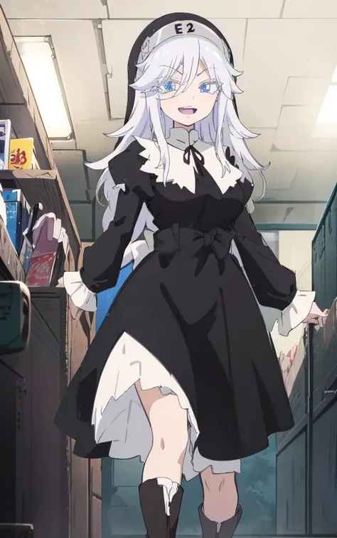 sisry, a woman, blue eyes, gray eyebrows, long white hair and eyelashes, a long-sleeved black nun's habit with "E2" on the headpiece, knee-length brown boots, mechanical seam across forehead, smiling open mouth, 8k, Unreal Engine 5, octane render, by kyun, gamang, Yoon Gon-Ji, g.ho, gosonjak, shuroop, serious, domi, noah, trending on pixiv, fanbox, skeb, masterpiece, smooth soft skin, big dreamy eyes, beautiful intricate colored hair, symmetrical, anime wide eyes, soft lighting, concept art, digital painting, <lora:sisry:0.7>