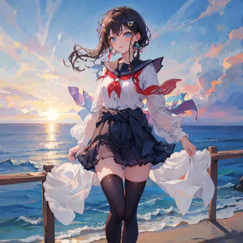 masterpiece, best quality, eririschool, 1girl, solo, ocean, black thighhighs, skirt, clothes around waist,