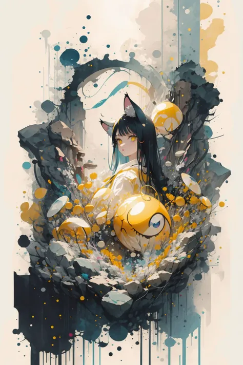 masterpiece, best quality, cat, large eyes, (cartoon), upper body, splashing, abstract, psychedelic, (neon:0.8), extremely detailed, (white background:1.3), ink, (creative:1.3), intricate detail, (pretty face), dynamic lighting, natural lighting, (yellow:1.3), photorealistic, sy3 <lora:Sy3:0.35> <lora:ink-0.1-3-b28-bf16-D128-A1-1-ep64-768-DAdaptation-cosine:1>