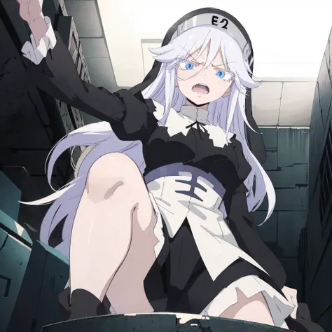 sisry, 1woman, blue eyes, gray eyebrows, long white hair and eyelashes, a long-sleeved black nun's habit with "E2" on the headpiece, knee-length brown boots, mechanical seam across forehead, angry open mouth, 8k, Unreal Engine 5, octane render, by kyun, gamang, Yoon Gon-Ji, g.ho, gosonjak, shuroop, serious, domi, noah, trending on pixiv, fanbox, skeb, masterpiece, smooth soft skin, big dreamy eyes, beautiful intricate colored hair, symmetrical, anime wide eyes, soft lighting, concept art, digital painting, <lora:sisry:0.7>
