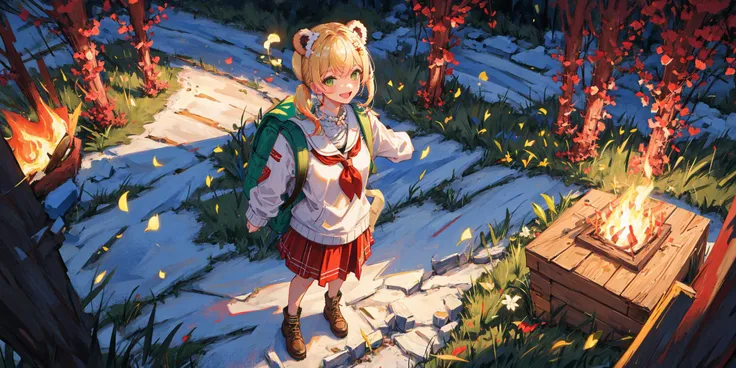 ((masterpiece,ultra detailed,bestquality)) <lora:momosuzuNeneHololive_v1:1>, (nene_casual:1), bear ears, side ponytail, pom pom hair ornament, brown sweater, sailor collar, neckerchief, red skirt, (backpack:1.331), ((solo:1.3)), extremely detailed 8k wallpaper, standing, outdoors, forest path, small clearing, dense trees, lush leafy underbrush, sparse flowers, floating flower petals, (campfire:1.331), mist, high angle, from above, full body, yellow hair, (sparkling eyes:1), smile, :d, happy, looking at camera, late afternoon, fading sunset, intricate details, warm volumetric lighting, deep shadows, sharp focus