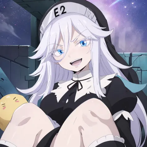 sisry, close up a woman, blue eyes, gray eyebrows, long white hair and eyelashes, a long-sleeved black nun's habit with "E2" on the headpiece, knee-length brown boots, mechanical seam across forehead, smiling open mouth, 8k, Unreal Engine 5, octane render, by kyun, gamang, Yoon Gon-Ji, g.ho, gosonjak, shuroop, serious, domi, noah, trending on pixiv, fanbox, skeb, masterpiece, smooth soft skin, big dreamy eyes, beautiful intricate colored hair, symmetrical, anime wide eyes, soft lighting, concept art, digital painting, <lora:sisry:0.7>
