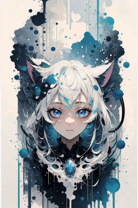 masterpiece, best quality, cat, large eyes, (cartoon), upper body, splashing, abstract, psychedelic, (neon:0.8), extremely detailed, (white background:1.3), ink,  (creative:1.3), intricate detail, (pretty face), dynamic lighting, natural lighting, (blue:1.3), photorealistic, sy3  <lora:Sy3:0.35>    <lora:ink-0.1-3-b28-bf16-D128-A1-1-ep64-768-DAdaptation-cosine:1>