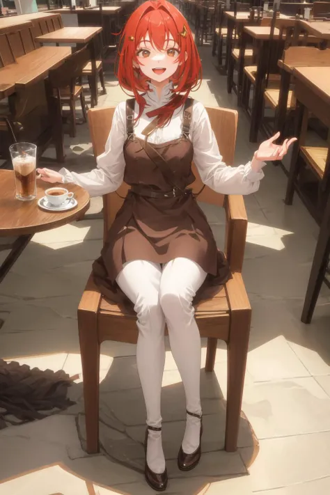 Milly\(milly\) <lora:Milly_The_Aristocrat_s_Otherworldly_Adventure_Serving_Gods_Who_Go_Too_Far-000008:0.8>, sit, detailed eyes, ultra detailed, cafe hall, brown eyes, smiling open mouth, full body, viewer above