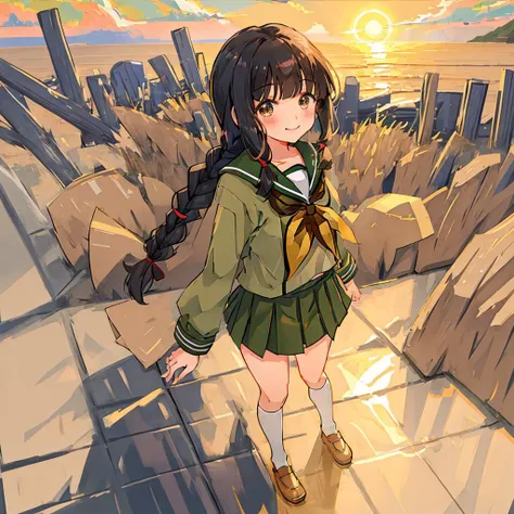 kitakami, 1girl, solo, long_hair, looking_at_viewer, blush, smile, bangs, full body, black_hair, brown_eyes, school_uniform, hair_ribbon, braid, sidelocks, serafuku, blunt_bangs, sailor_collar, neckerchief, single_braid, hair_over_shoulder, tress_ribbon, black_neckerchief, green_sailor_collar, standing , ocean, sea waves, sky, grass