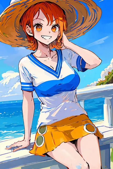 (Masterpiece:1.4), (best quality:1.4), ultra highres,1girl,solo,extremely detailed,8k, beautiful, detailed eyes, looking at viewer, strong dark colors, (depth of field), (dynamic), (epic), sharp focus, (intricate details:1.2), Full color, nami \(one piece\),(one piece),(strong pose:1.4),<lora:nami_pre_timeskip_offset:1.3>,short hair, arm support, asymmetrical bangs, bangs, blue shirt, white shirt, yellow skirt, collarbone, day, hair behind ear, large breasts, looking at viewer, miniskirt, toothy smile, orange eyes, orange hair, shirt, short sleeves, ((sitting)), skirt, two-tone shirt,((straw hat)),