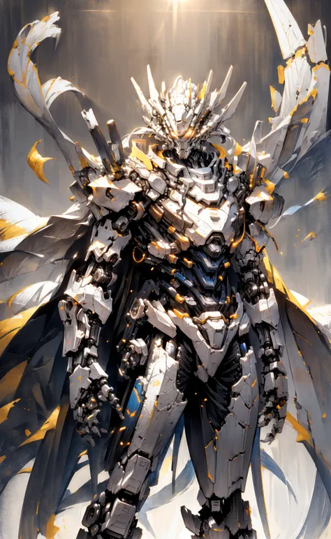 cgmech,
solo, white mecha robot, cape, science fiction, torn clothes, glowing, standing, robot joints, mecha, armor, cowboy shot, (floating cape), intense sunlight, silver dragonborn, outdoors
, ((masterpiece, best quality)),  <lora:cgmechmix_offset:1><lora:more_details:0.3>  <lora:Niji:0.5><lora:dragonborn_offset:0.7>