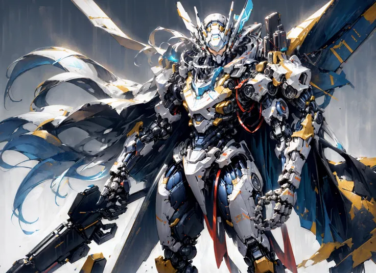 cgmech,
solo, white mecha robot, cape, science fiction, torn clothes, glowing, standing, robot joints, mecha, armor, cowboy shot, (floating cape), intense sunlight
, ((masterpiece, best quality)), <lora:cgmechmix_offset:1><lora:more_details:0.3> <lora:Niji:0.5>