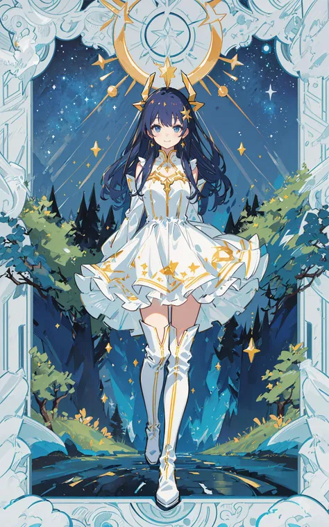 ((masterpiece,best quality)),(1girl, solo,very long hair,full body, night, starry sky, ), a girl in a frilled dress and thigh high boots walking down a road in the countryside with trees on both sides,((arms behind back)),smile, <lora:animeTarotCardArtStyleLora_v31:0.9>